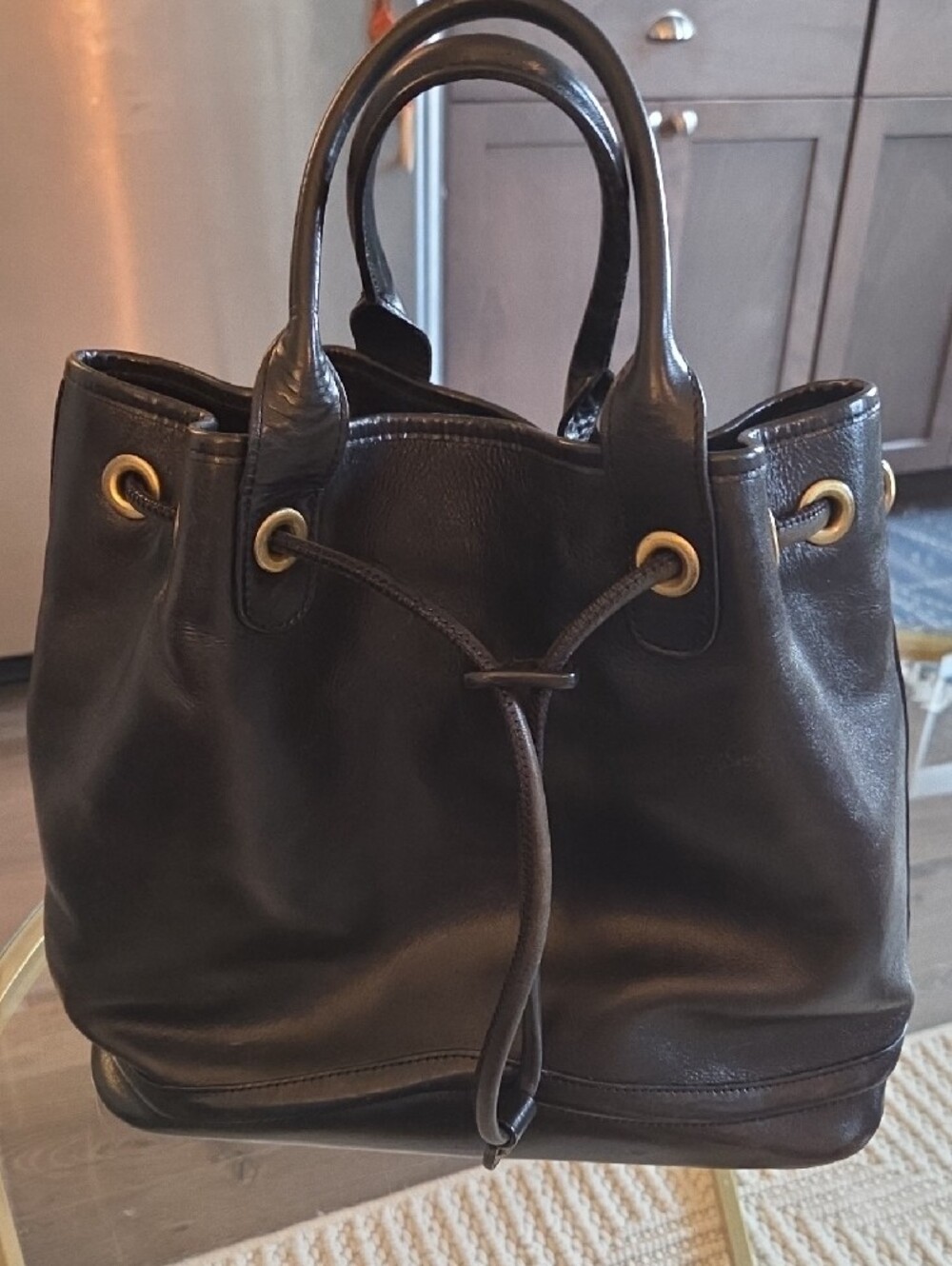 Monsac Italian Leather Bucket Bag With Drawstring Closure